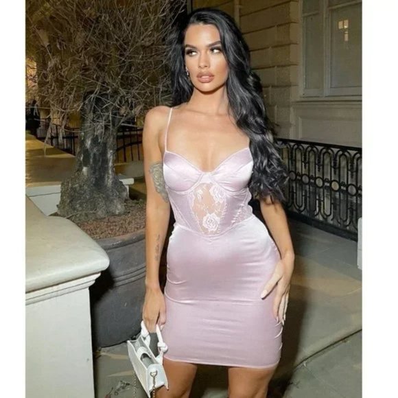Dresses & Skirts - Pink Satin Silk Lace Sleeveless Bustier Bodycon Mini Dress